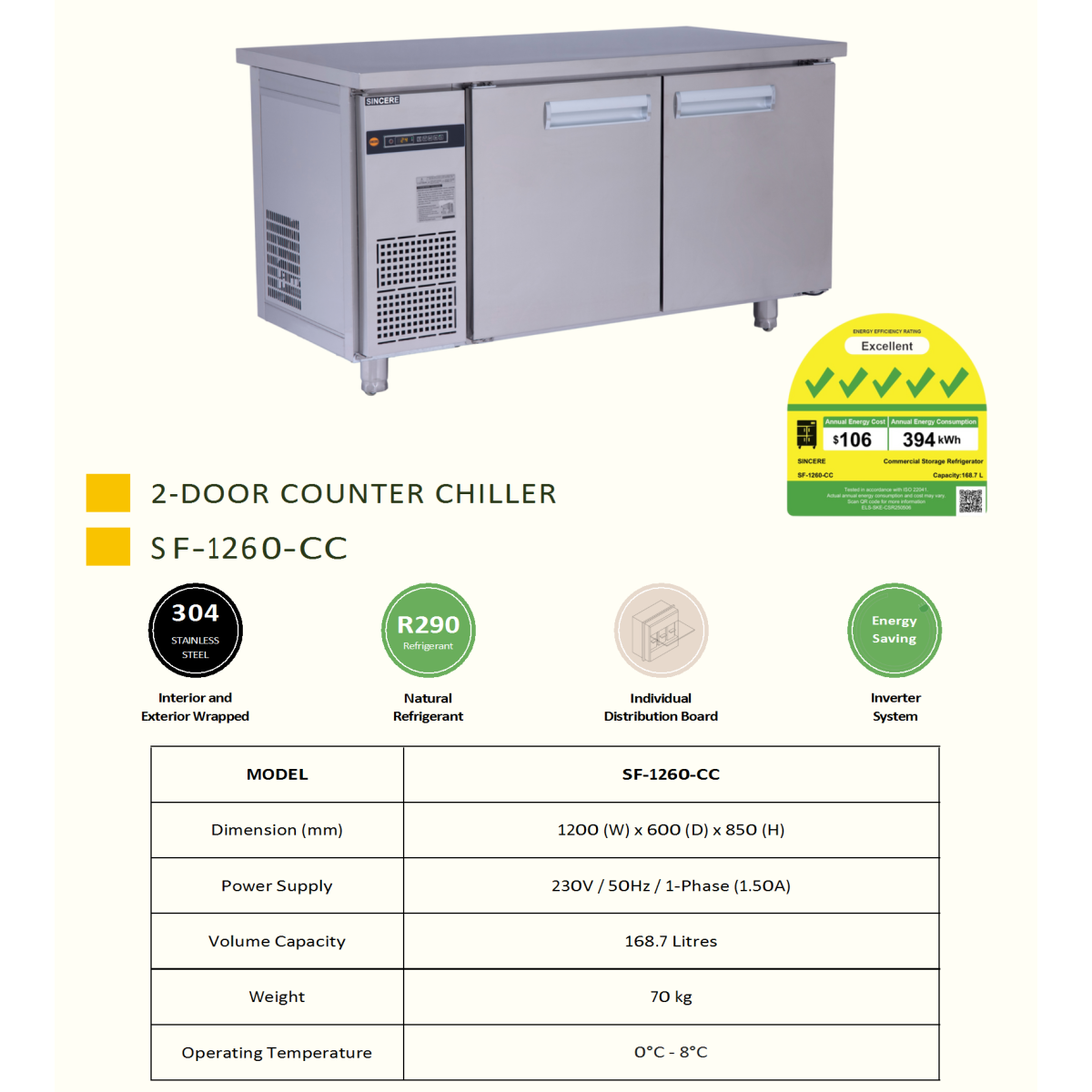 2 Door Counter Chiller, Inverter, 1200 x 600 Depth