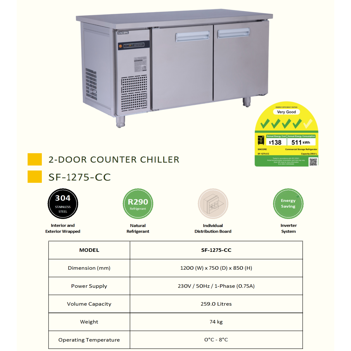 2 Door Counter Chiller, Inverter, 1200L x 750 Depth