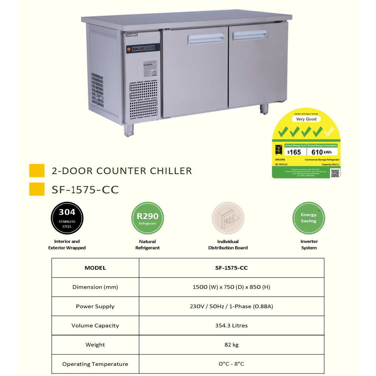 2 Door Counter Chiller, Inverter, 1500 x 750 Depth