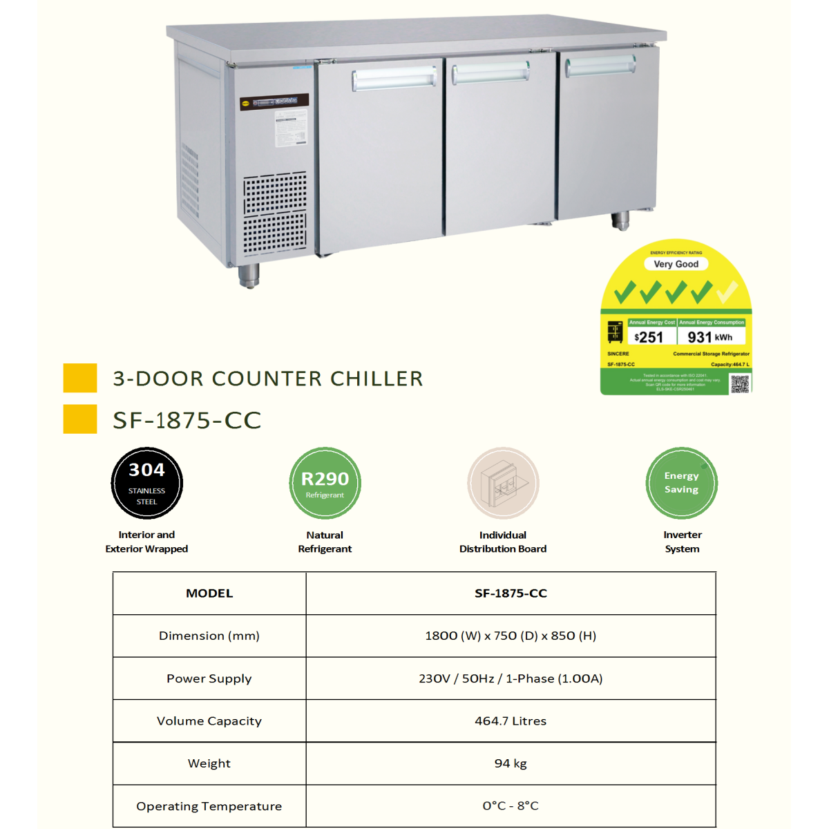 3 Door Counter Chiller, Inverter, 1800 x 750 Depth