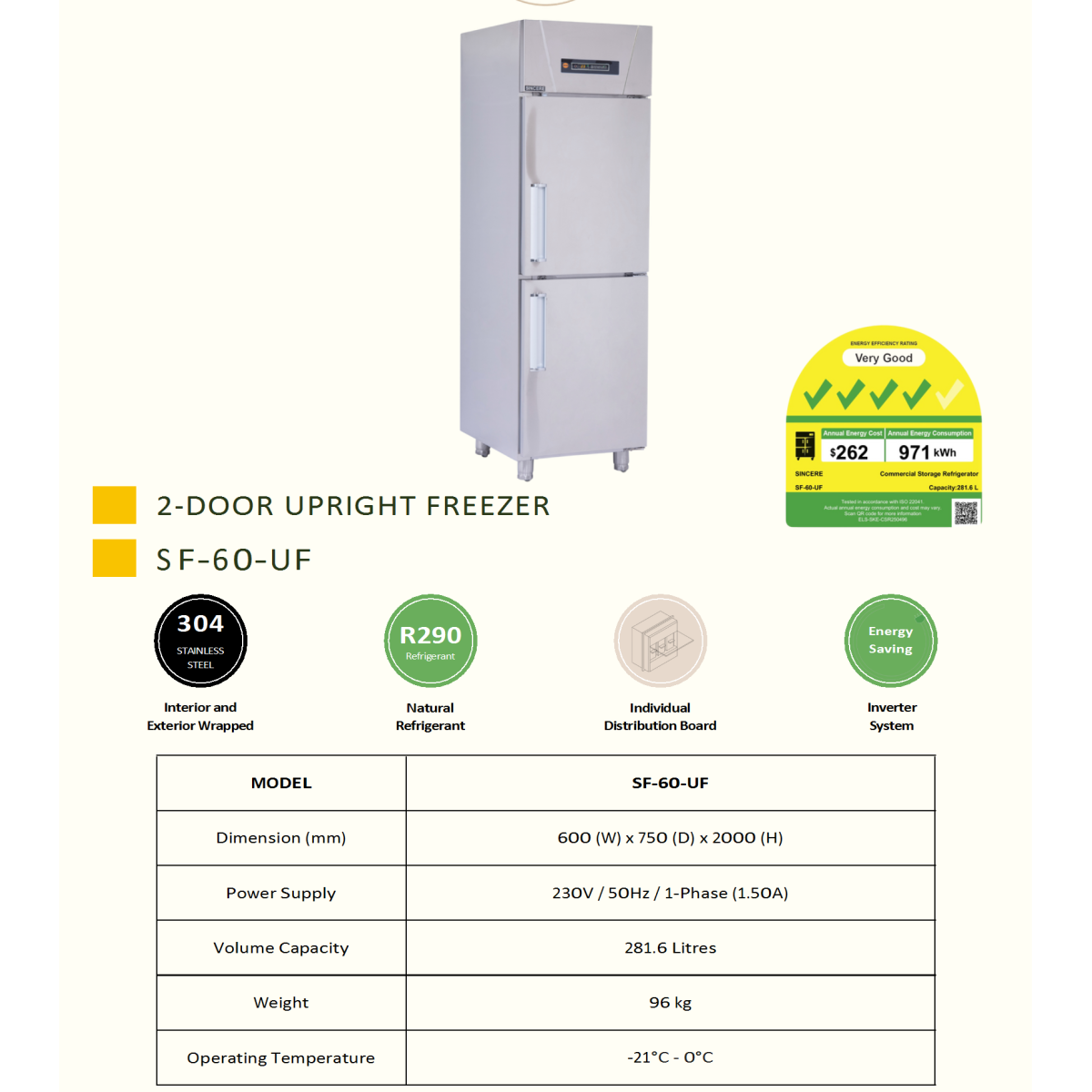 2 Door Upright Freezer, Inverter, SF-60-UF